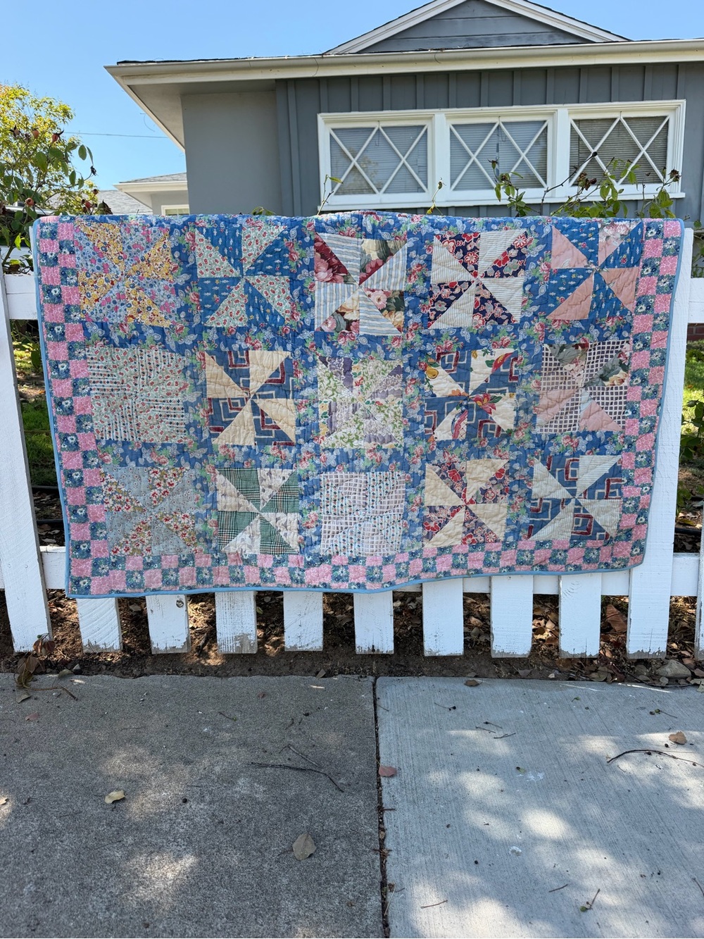 VTG Scrap Patchwork Pinwheel Block Quilt Hand Sewn Whimsical 50x66 Cutter/Repair